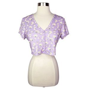 SHEIN Lavender Daisy Print Button-Down Cropped Tee - Size Large